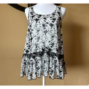 CAbi Everything Top Sz Small Black White Floral w/Black Lace Sleeveless Sheer